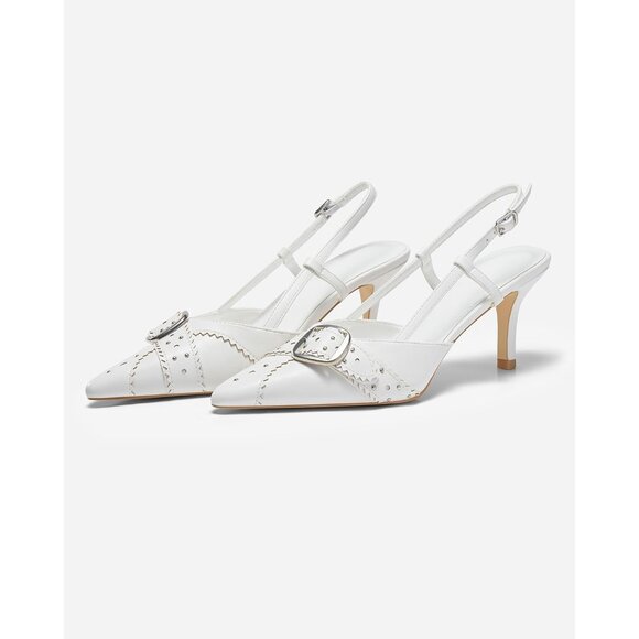 💫 Women White Slingback Kitten Heels Studded Pointed Toe Pumps Buckle Shoes - Picture 5 of 7